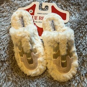 True Religion Cream and Gold Fuzzy Slippers